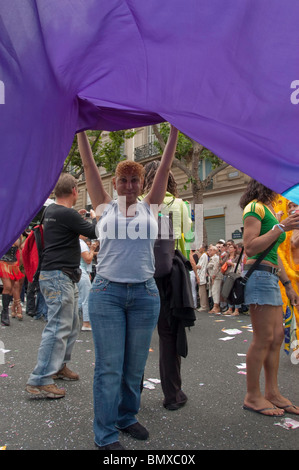 Paris, France, Public Events, People Celebrating at the Gay Pride Parade, LGBTQI+ March, Celebration, WOman Trans Holding Gay Flag on Street, pride march Stock Photo