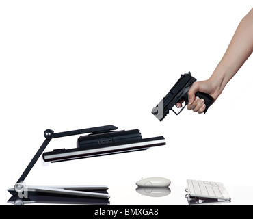communication between human hand and a computer display monitor on isolated white background expressing breakdown gun concept Stock Photo
