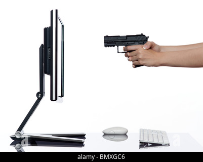 communication between human hand and a computer display monitor on isolated white background expressing shooting rejection concept Stock Photo