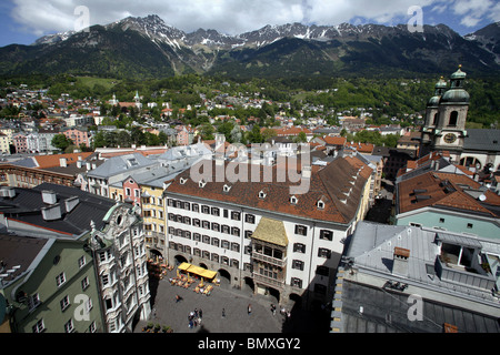 Altstadt and Goldenes Dachl / Golden Roof seen from Stadtturm, Innsbruck, Tyrol, Austria Stock Photo