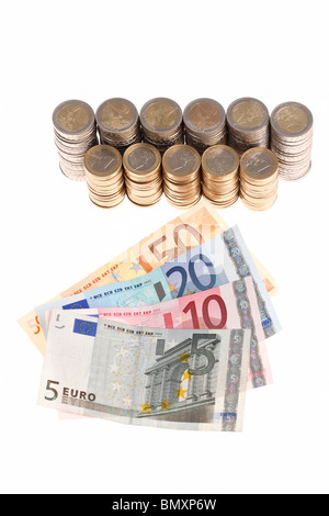 Euro banknotes and coins organized in columns isolated on white background Stock Photo