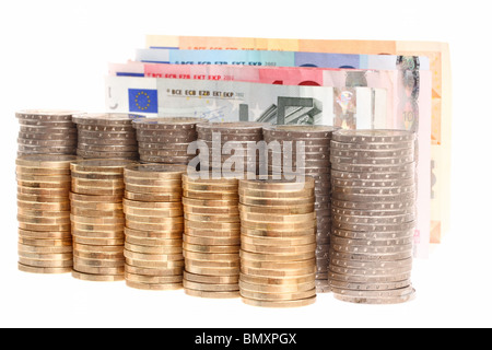Euro banknotes and coins organized in columns isolated on white background Stock Photo