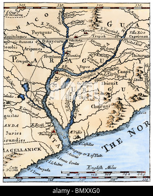 Mouth of the Rio de La Plata in South America, in a map of 1698. Hand-colored woodcut Stock Photo