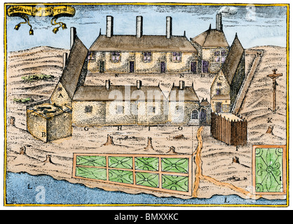 Samuel de Champlain's fort at Port Royal, now Annapolis Royal, Nova Scotia, 1600s. Hand-colored woodcut Stock Photo