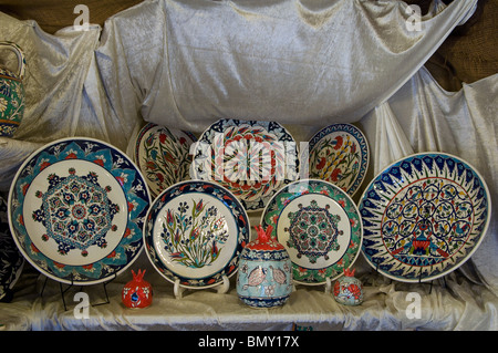 Hand painted authentic Armenian ceramics and pottery for sale at an Armenian tile workshop East Jerusalem Israel Stock Photo