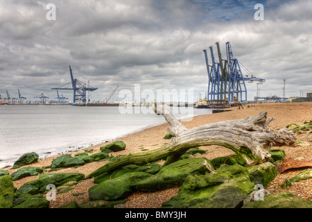 Felixstowe docks viewed from Landguard Point. Stock Photo