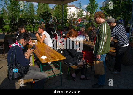 Cafe restaurant seating area Mauerpark flea market Mitte central Berlin Germany Eurore Stock Photo