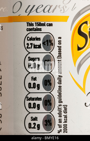 Nutritional information on the side of a can of Slimline Tonic Water Stock Photo