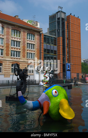 Artwork in the fountain in front of extension building of Centre Pompidou Le Marais central Paris France Europe Stock Photo