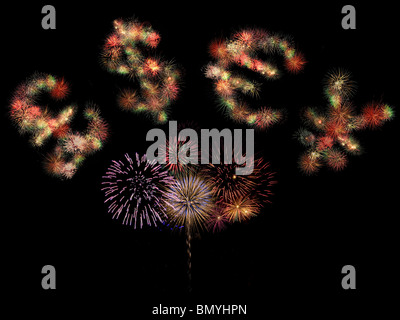Pound sterling, dollar, euro and japanese yen symbols formed by fireworks on black background. Stock Photo