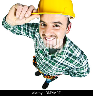 happy funny young handyman isolated on white background Stock Photo