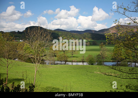 Valley of the River Dee viewed from a train on the Dee Valley Steam Railway Stock Photo