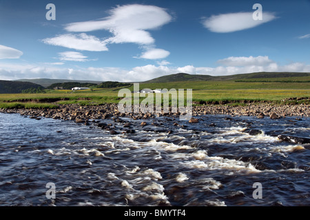 The River Tees and the View Towards Cronkley Farm from the Pennine Way Footpath Upper Teesdale County Durham Stock Photo
