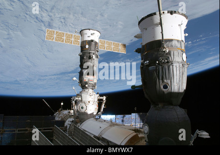 February 17, 2010 - Russian Soyuz and Progress spacecrafts docked to the International Space Station. Stock Photo