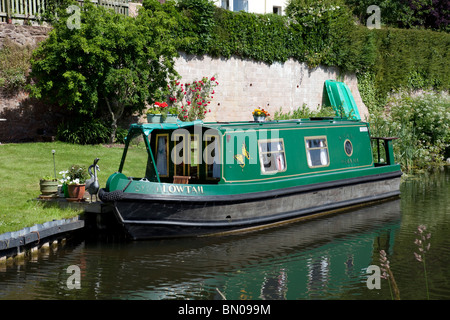 Green canal barge moored on Grand Western Union Canal near Taunton Somerset UK Stock Photo