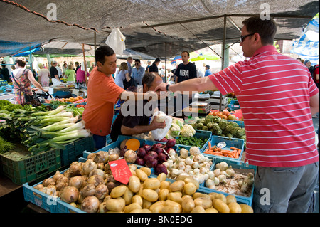 Fruit and vegetable stalls at the Sunday market in Pollenca, Mallorca 2010 Stock Photo