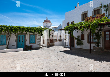 Greece, Dodecanese,Patmos, the central square of the Chora village Stock Photo