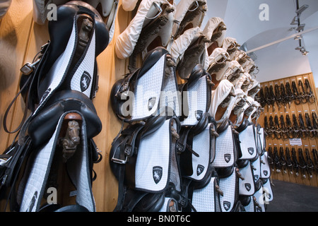 Horse bridles and saddles Stock Photo