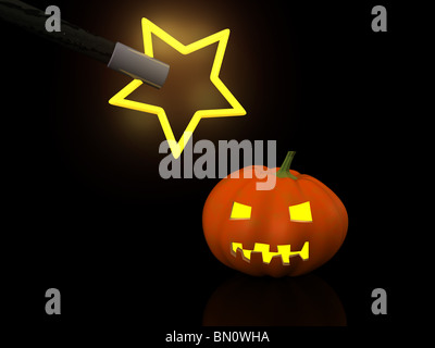 one halloween pumpkins with magic wand. 3d Stock Photo