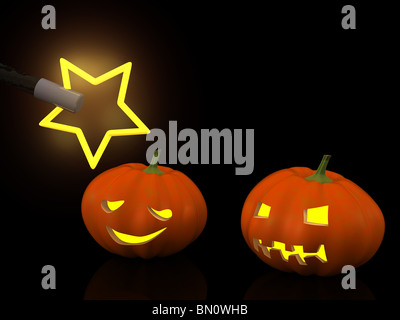 two halloween pumpkins with magic wand. 3d Stock Photo