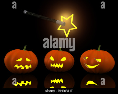 three halloween pumpkins with magic wand. 3d Stock Photo