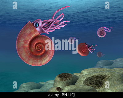 Illustration of ammonites swimming in the sea Stock Photo