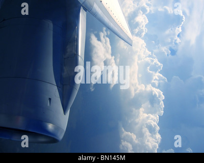 airplane reactor sky view from aircraft clouds Stock Photo
