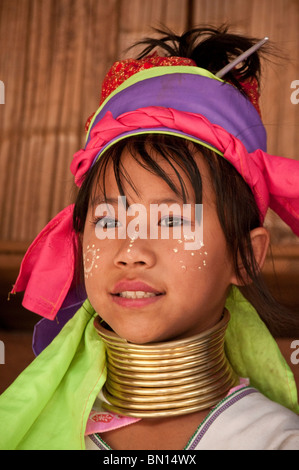 Karen hill tribe girl wearing traditional neck coil at Baan Tong Luang village of Hmong people in Chiang Mai Province Thailand Stock Photo