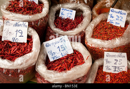 Chili peppers for sale at Pratu Chiang Mai market in Chiang Mai, Thailand. Stock Photo
