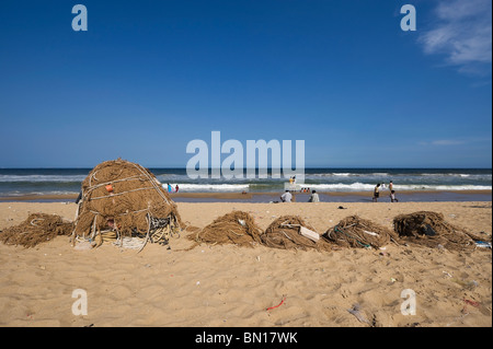 India Tamil Nadu Chennai ex Madras fishing-nets on the beach Stock Photo