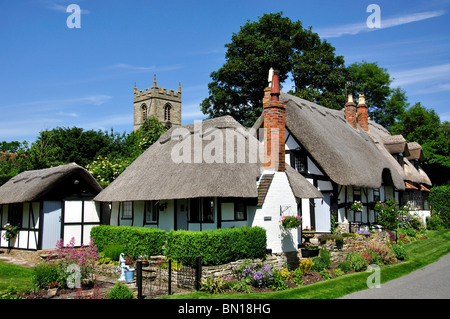Thatched cottages and Church tower, Welford-on-Avon, Warwickshire, England, United Kingdom Stock Photo