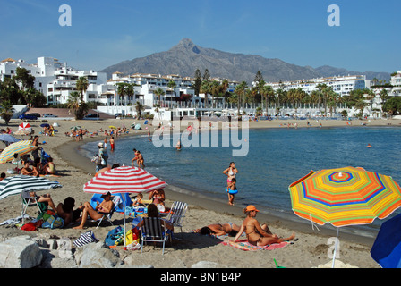 View along the beach, Puerto Banus, Marbella, Costa del Sol, Malaga Province, Andalucia, Spain, Western Europe. Stock Photo