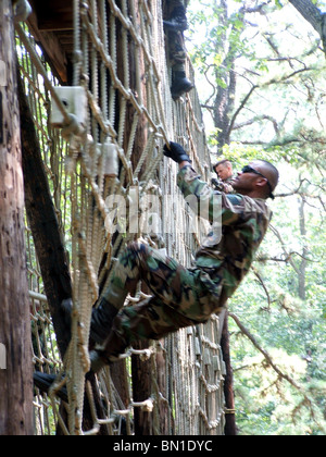 Staff Sgt. Sy Pinthong climbs a cargo net on the obstacle course during training at the Contingency Skills Training Course Stock Photo