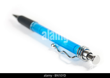 A closeup of a blue pen, focus on one end, isolated on white. Stock Photo