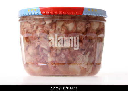 Food, ready to eat, in glasses, bottling jar, canning jar, fruit jar, preserving jar. cured meat in gelatine. Stock Photo