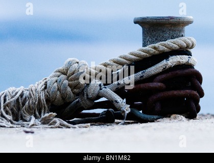 Closeup picture of mooring ropes in a harbor Stock Photo