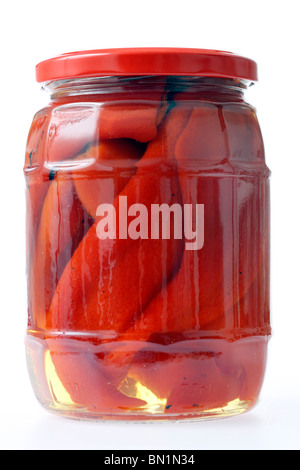 Food, ready to eat, in glasses, bottling jar, canning jar, fruit jar, preserving jar. Red, sliced and skinned bell pepper. Stock Photo