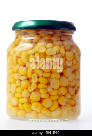 Food, ready to eat, in glasses, bottling jar, canning jar, fruit jar, preserving jar. Corn. Stock Photo