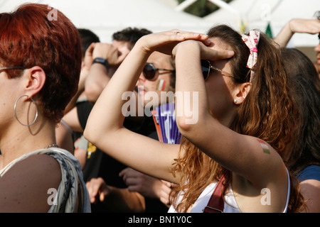 italian supporters watching italy v slovakia at world cup fan fest village in rome, italy 2010 Stock Photo