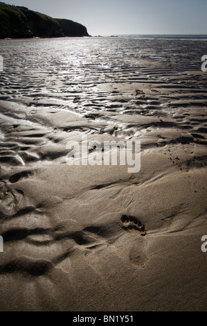 High contrast picture of patterns and footprint in the sand at Porthcothan Beach, St Merryn, Cornwall, UK Stock Photo