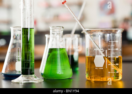 Chemicals in beakers Stock Photo