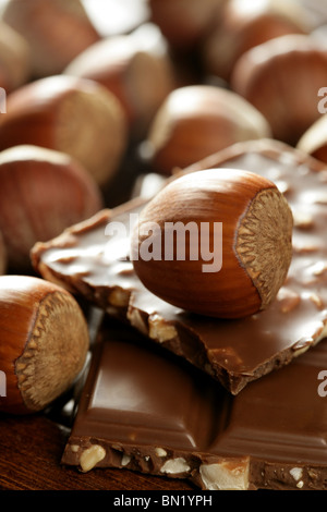 Hazelnuts and chocolate on brown wood environment at studio Stock Photo