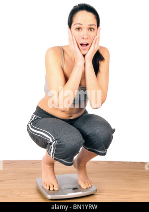 young woman weighing herself on bathroom scales is shocked to learn she has gained weight Stock Photo