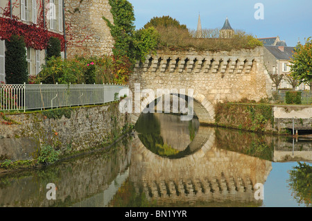 The Watergate reflected in the Loir, Rue Antoine de Bourbon, Vendome, Loir et Cher, France. October. Stock Photo