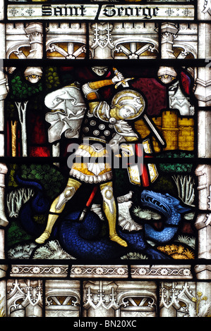 St. George and the Dragon stained glass, St. John the Baptist Church, Peterborough, Cambridgeshire, England, UK Stock Photo