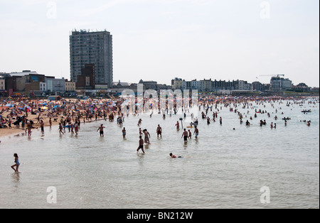 A crowded Margate Beach on a hot summer weekend, England Stock Photo