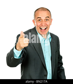 Portrait of smiling pointing businessman isolated on white background Stock Photo