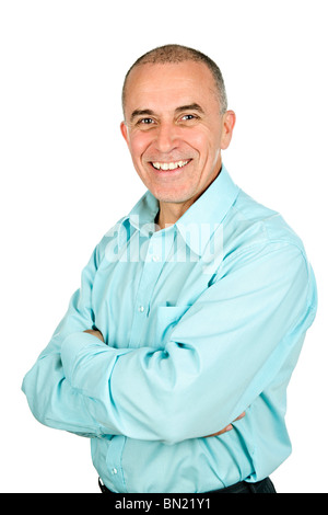 Portrait of smiling middle aged man isolated on white background Stock Photo