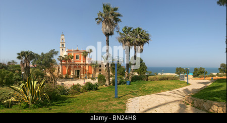 Panoramic view on old catholic church in historic center of Yafo, Israel. Stock Photo