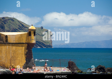 Portugal, Madeira Island, Funchal. Historic yellow Saint Tiago Fortress (aka Forte de Sao Tiago or Fort of Saint James). Stock Photo